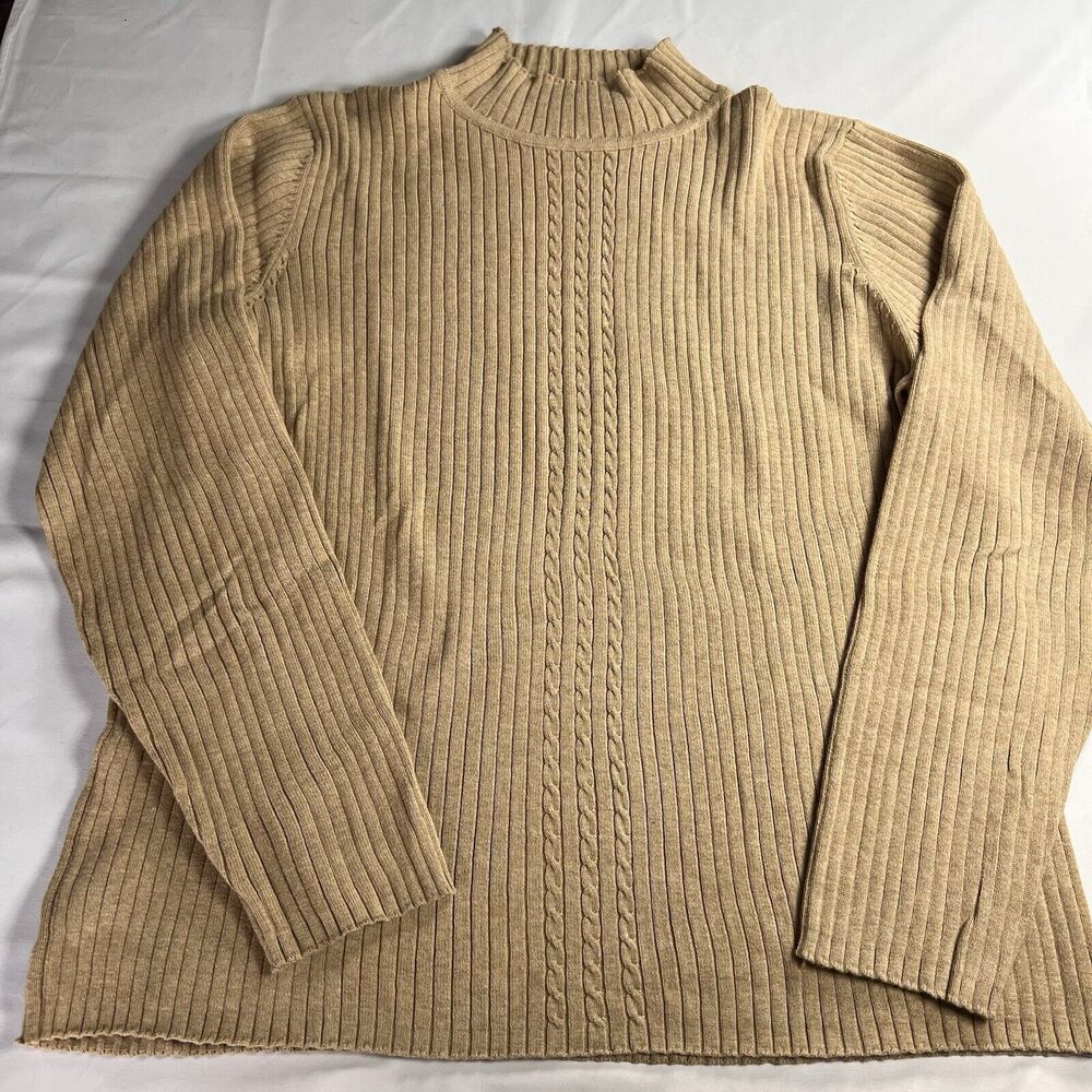 Liz Claiborne Liz Sport Women’s Tan Large Long Sleeve Sweater 100% Cotton VTG - Picture 1 of 4